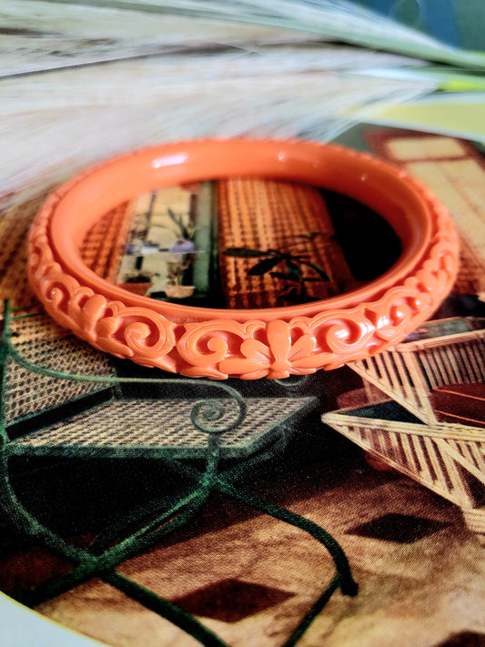 SOLD - Vintage Carved Orange Bakelite Bangle