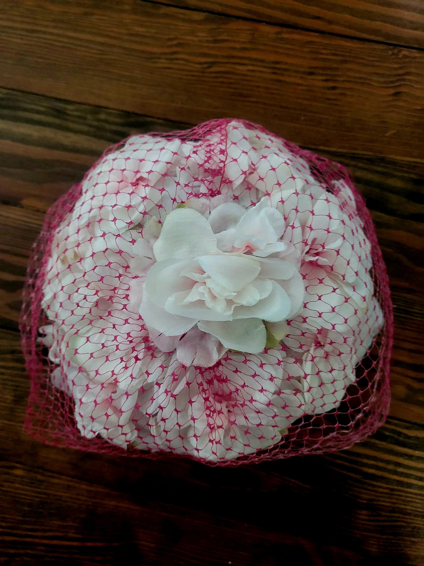 SOLD - Vintage 1950s-1960s White Flower Crescent Topper with Pink Birdcage Veil