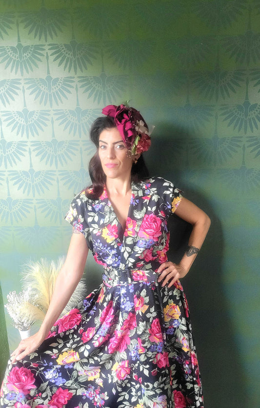 SOLD - Vintage 1980's "Carol Anderson" Dark Floral Fit & Flare Dress