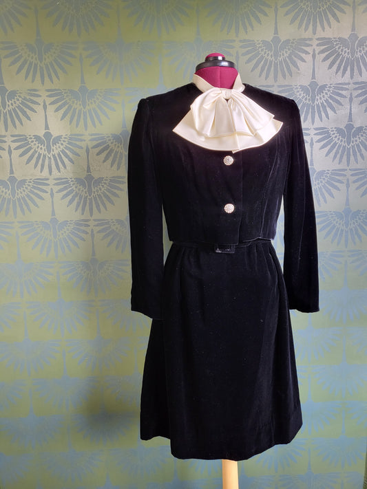 Vintage 1960's Ivory Satin and Black Velvet Color Block Dress with Bolero