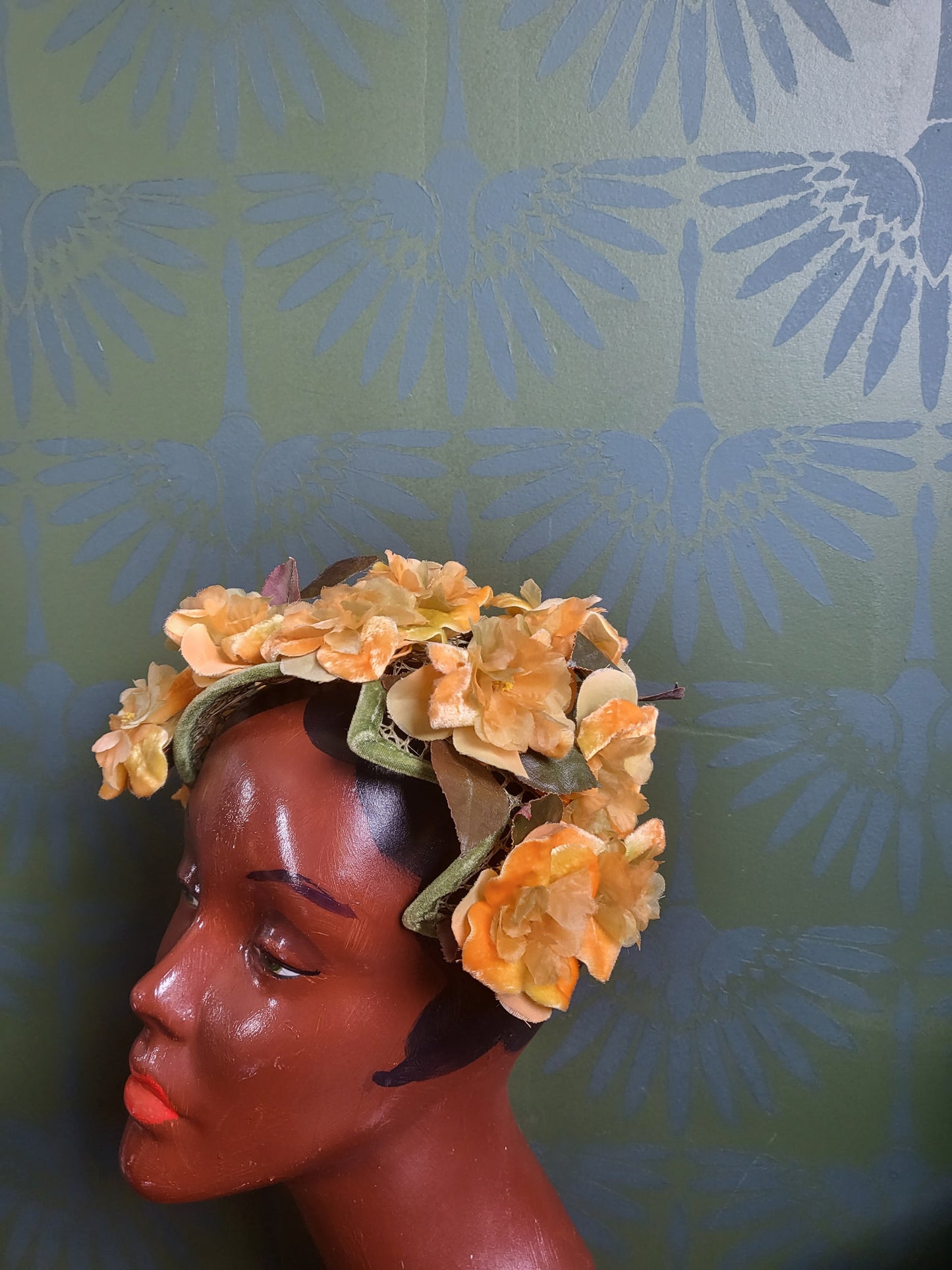 HAT17 - Vintage 1950s-1960s Orange and Yellow Floral Crescent Topper with Leaf Accents