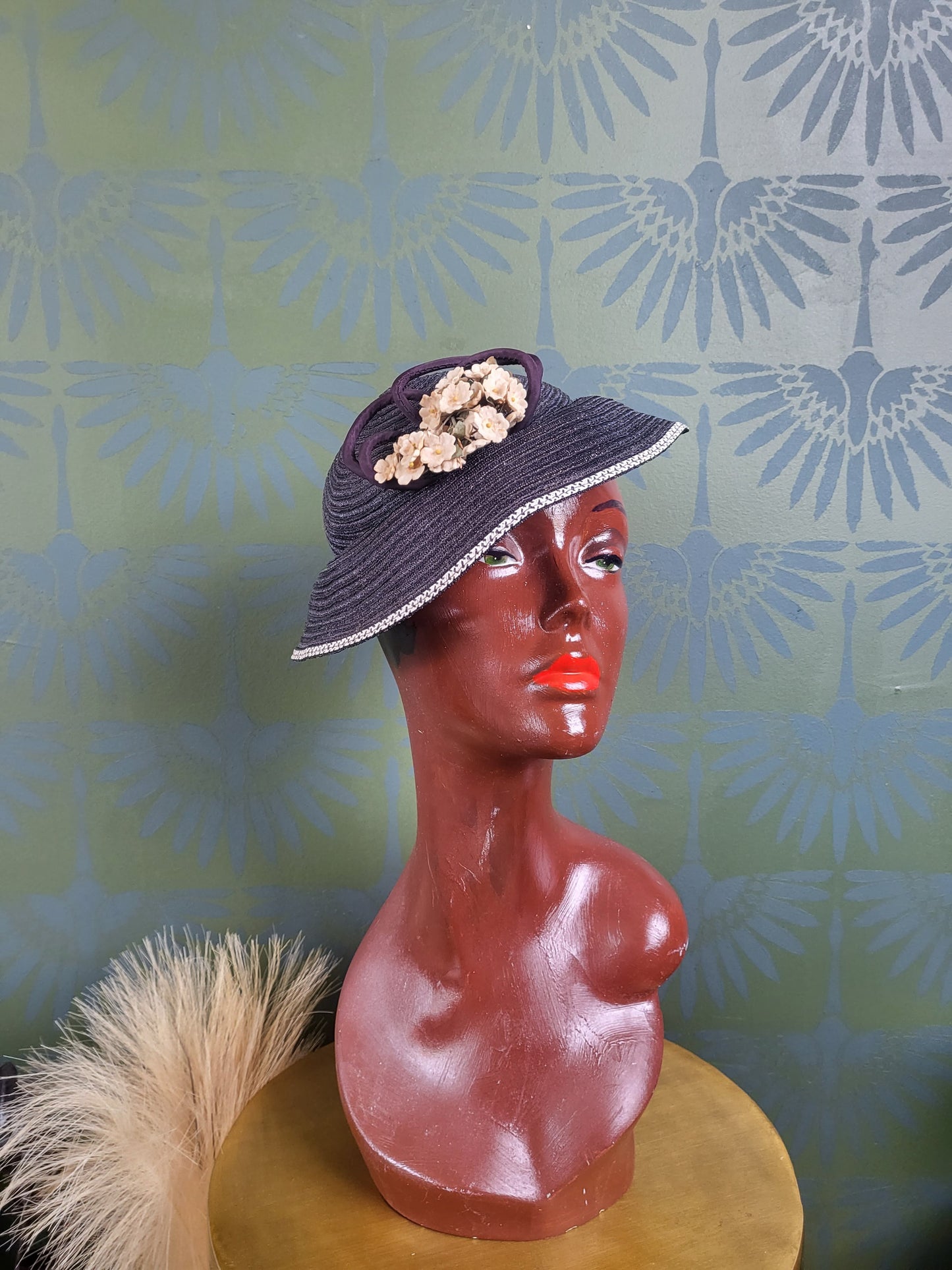 SOLD - Vintage 1930's-1940's Navy Straw Topper with Ivory Flowers