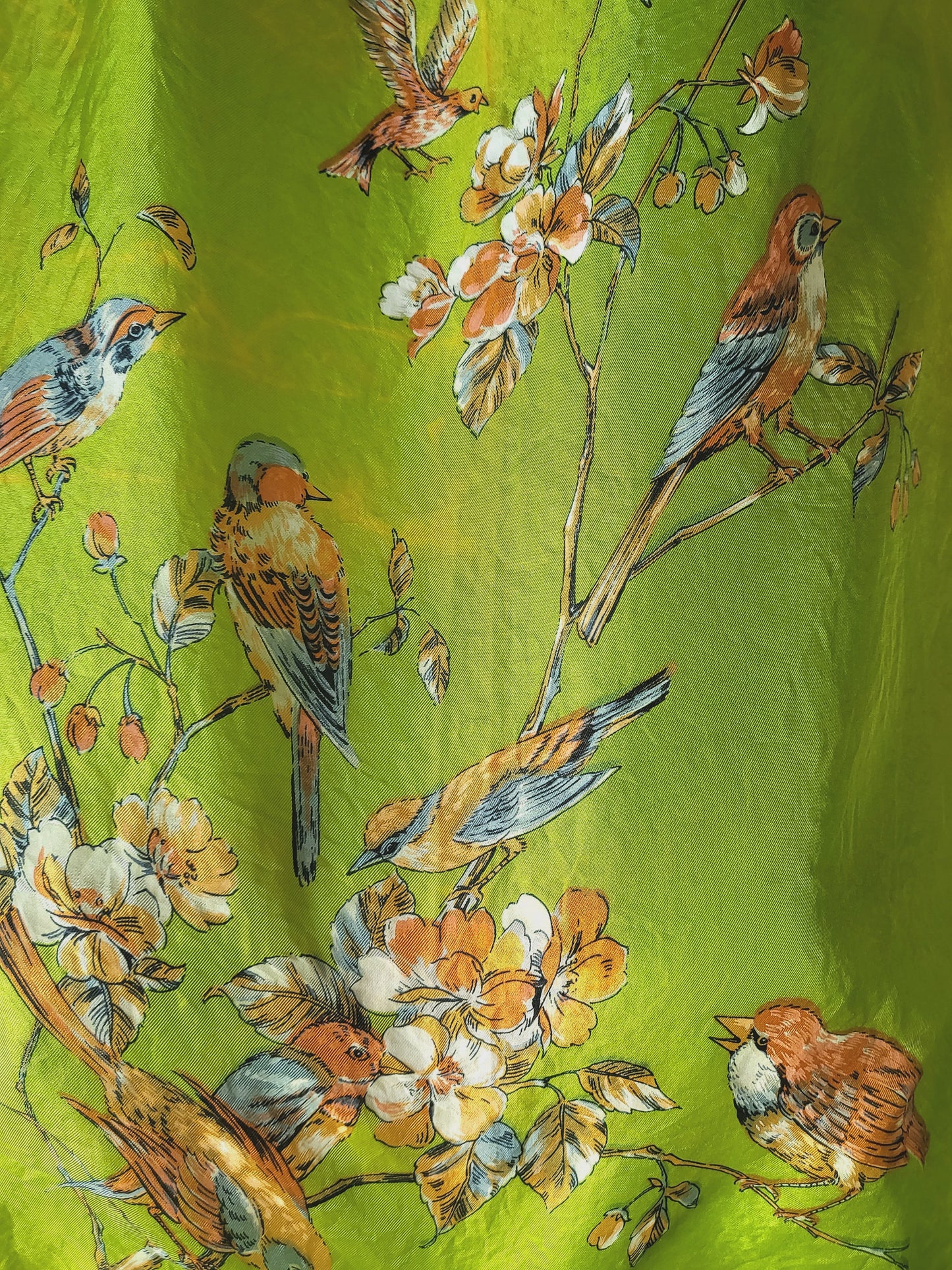 SOLD - Vintage Chartreuse Silk Rectangle Scarf with Birds