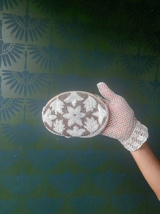 SOLD - Vintage 1930s Hand Beaded Palm Clutch - Silver and White