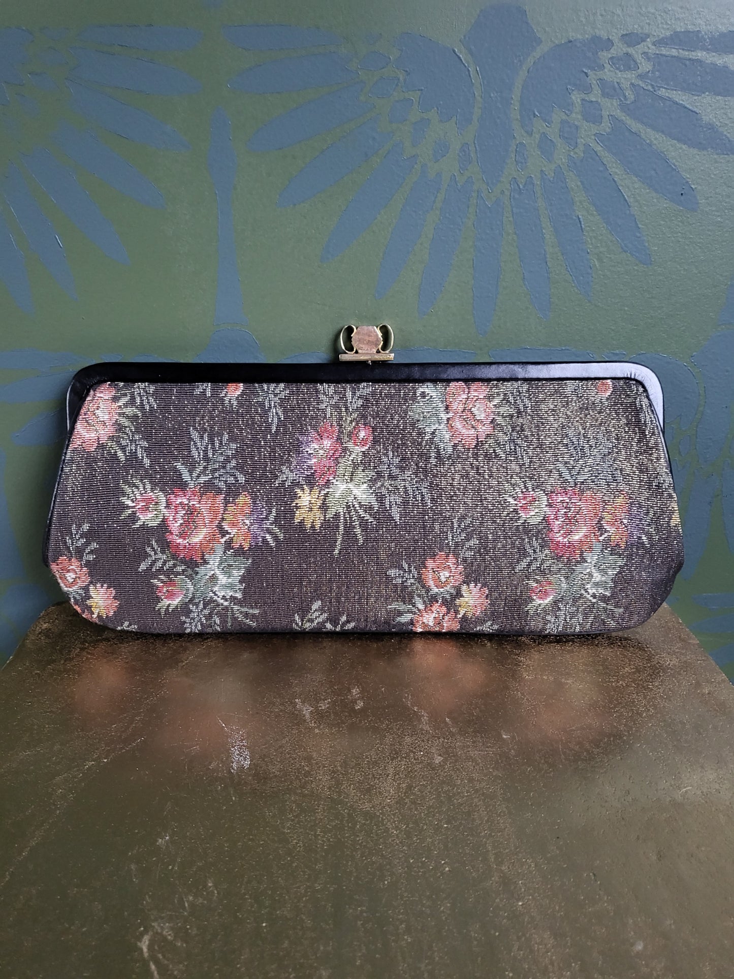 Vintage 1950's Metallic Floral Tapestry Clutch