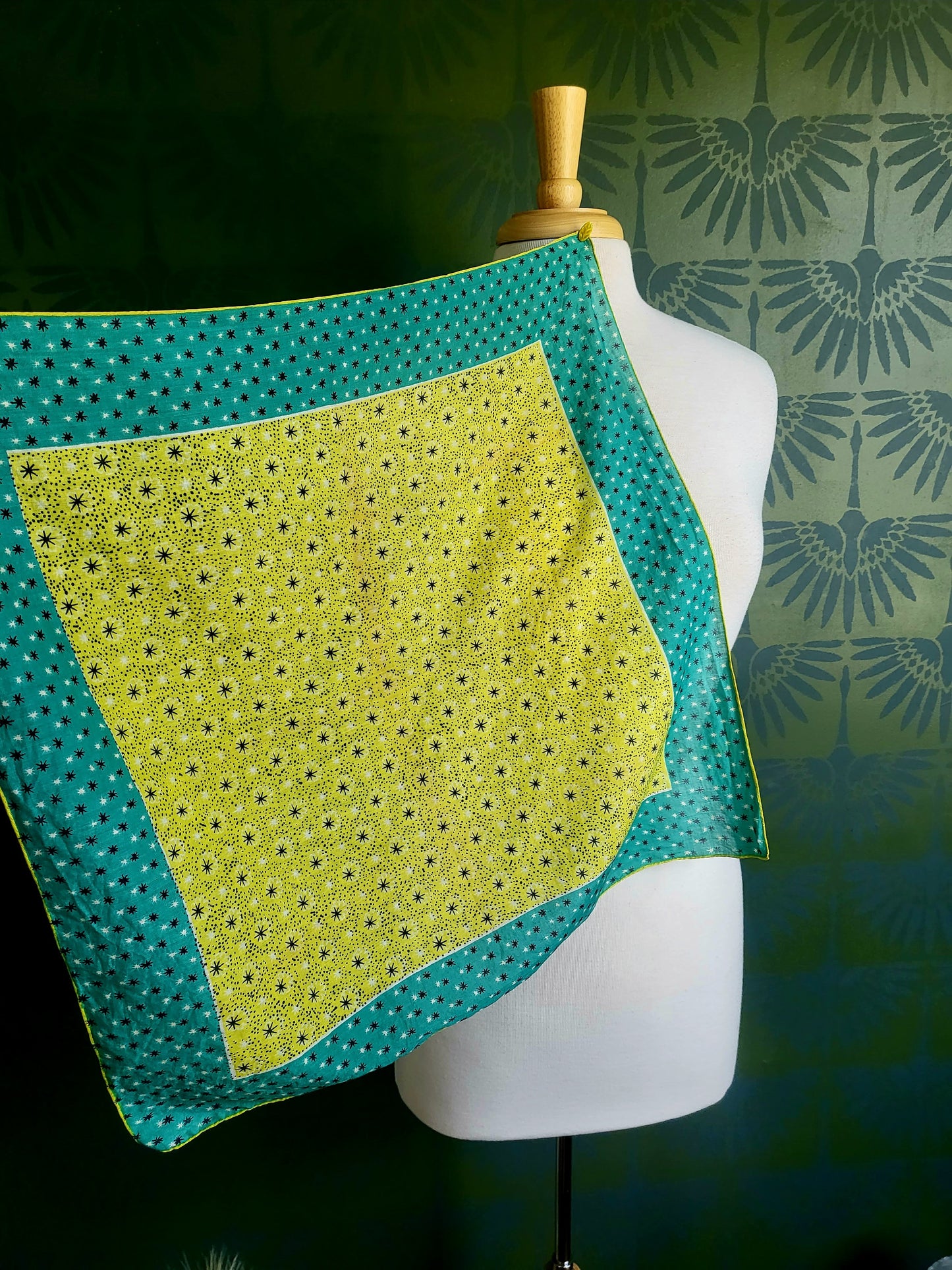 SOLD - Vintage Chartreuse and Teal Starburst  Square Scarf