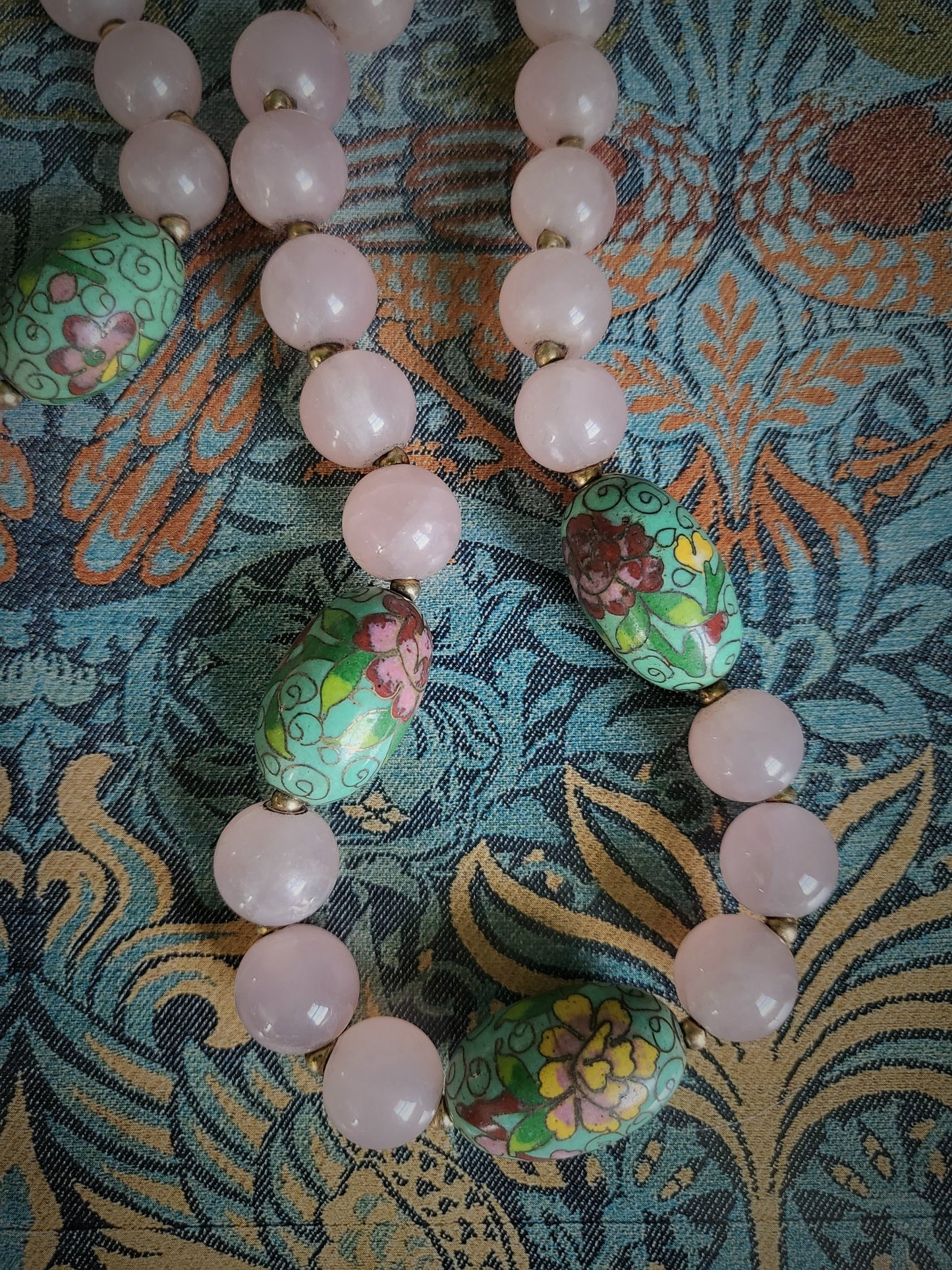 STYLE 7011 - Vintage Rose Quartz and Art Nouveau Floral Beaded Necklace