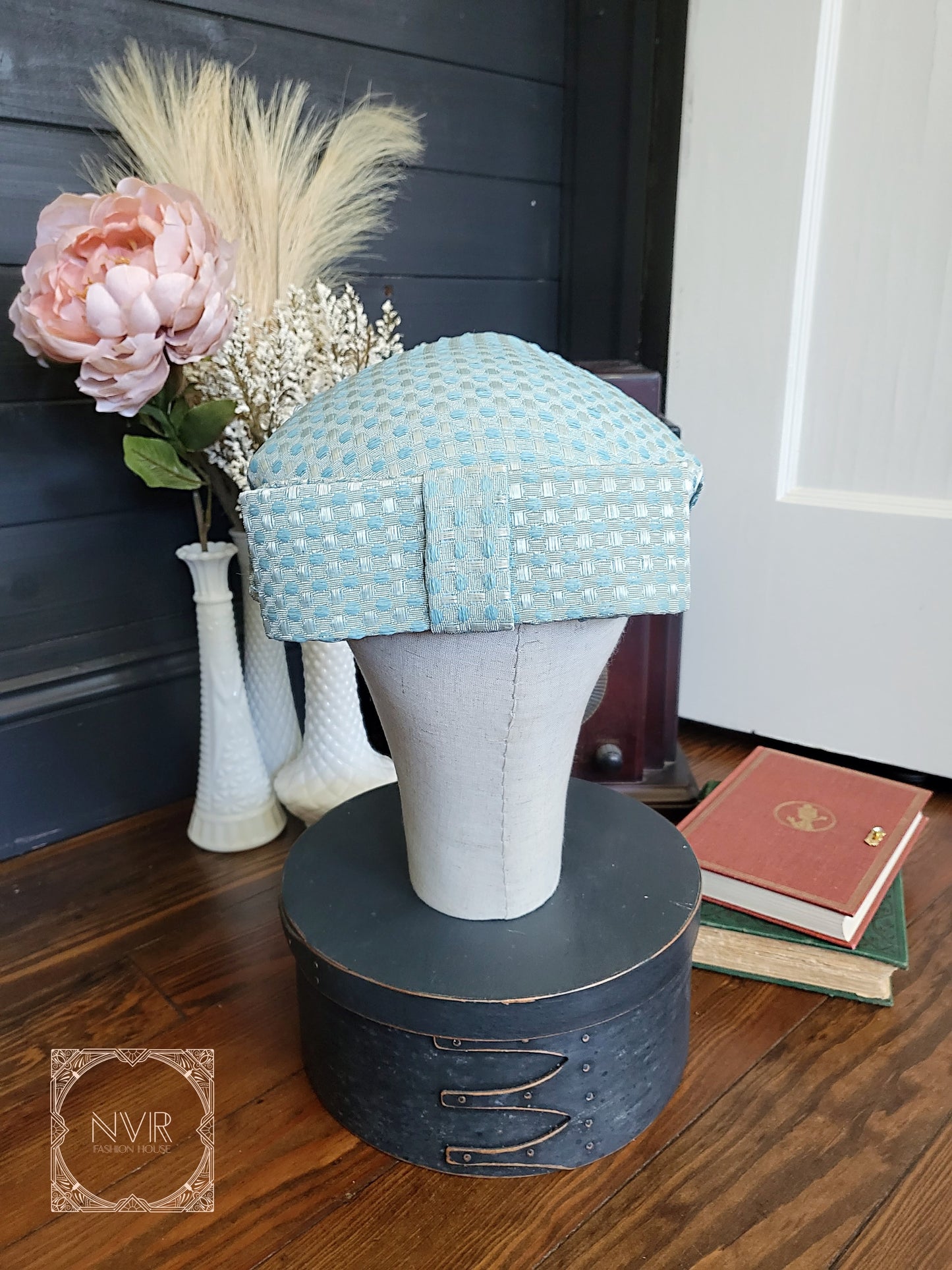 HAT42 - Vintage 1950s Pale Blue Dot  Half Hat with Large Bow