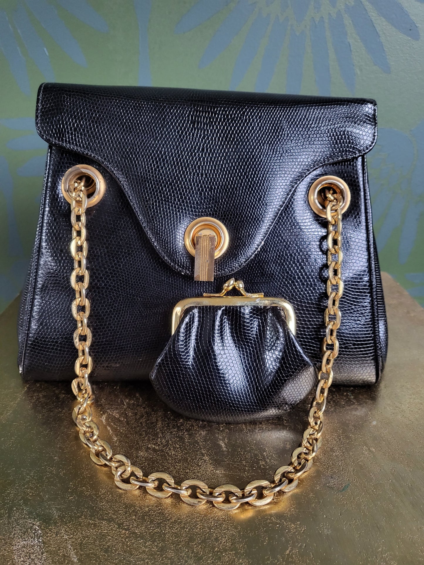 SOLD - Vintage 1950's-1960's Black Reptile Handbag with Golden Chain Handles