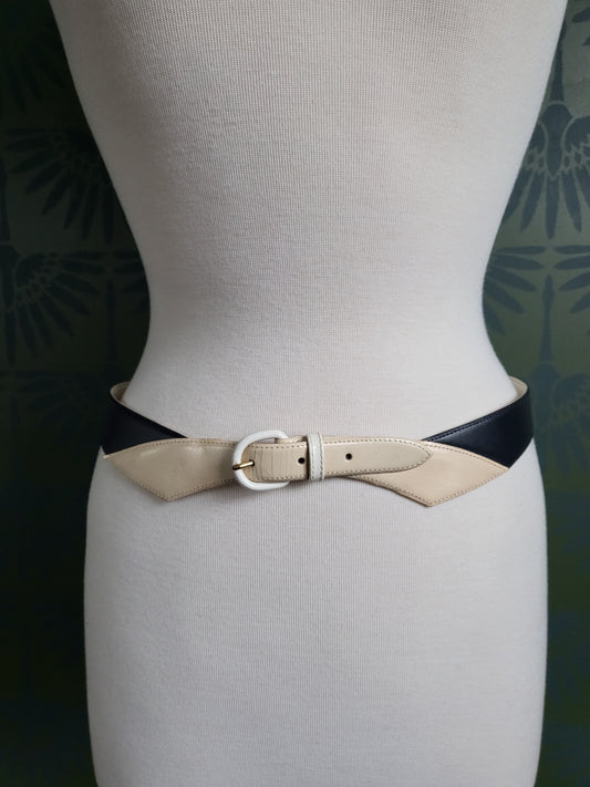 Vintage "Rodier" Black and Ivory Leather Deco Style Belt