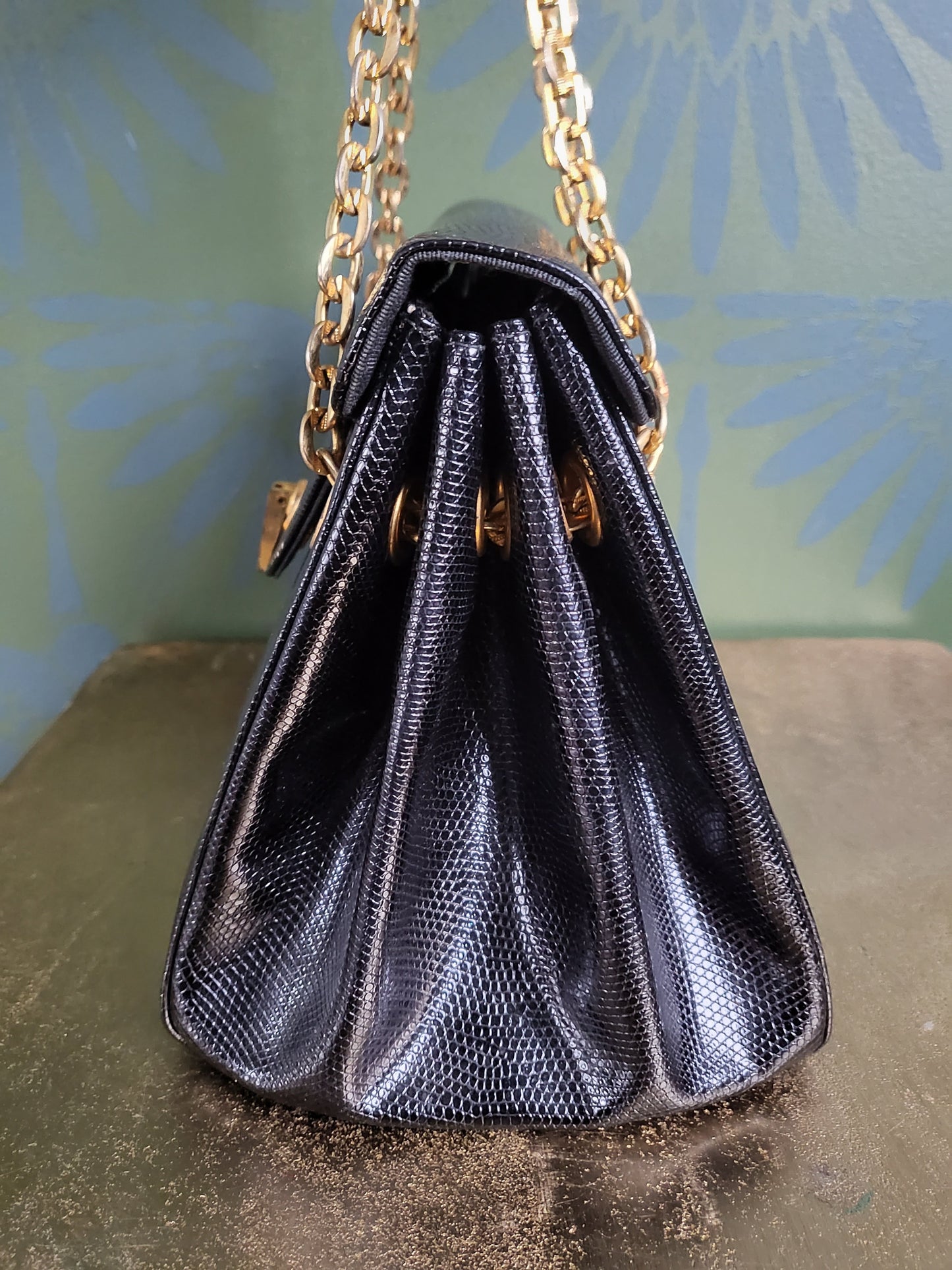 SOLD - Vintage 1950's-1960's Black Reptile Handbag with Golden Chain Handles