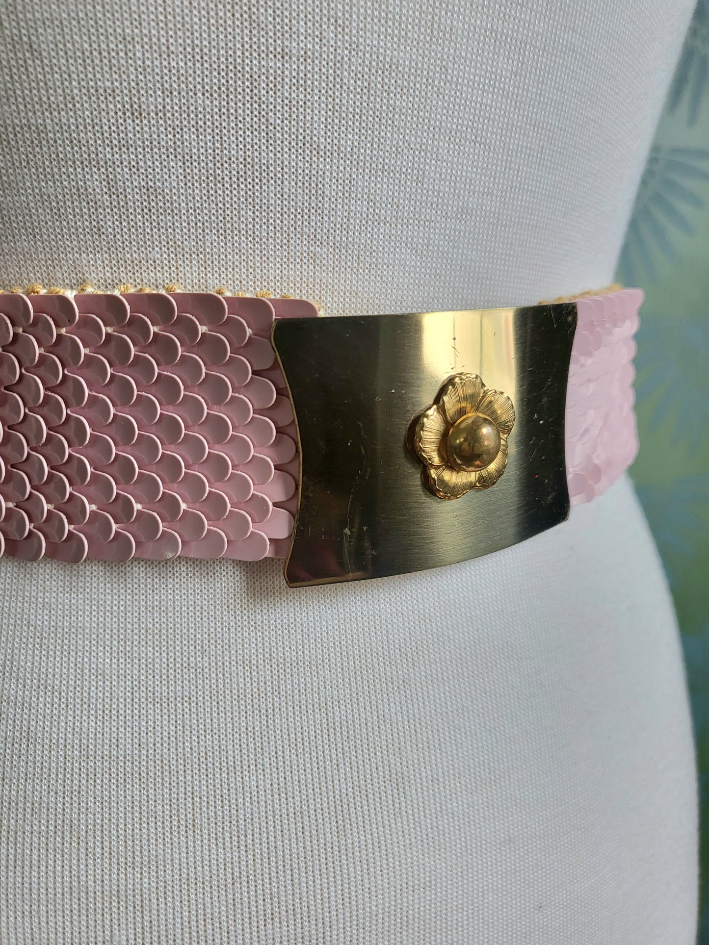 SOLD - Vintage Pale Pink Scales Elastic Belt with Large Golden Buckle