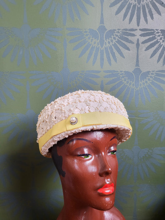 SOLD - Vintage 1950s-1960s Voguemont  Ivory Straw Weave Volume Hat with lemon Yellow Ribbon Trim and Faux Pearl Adornment