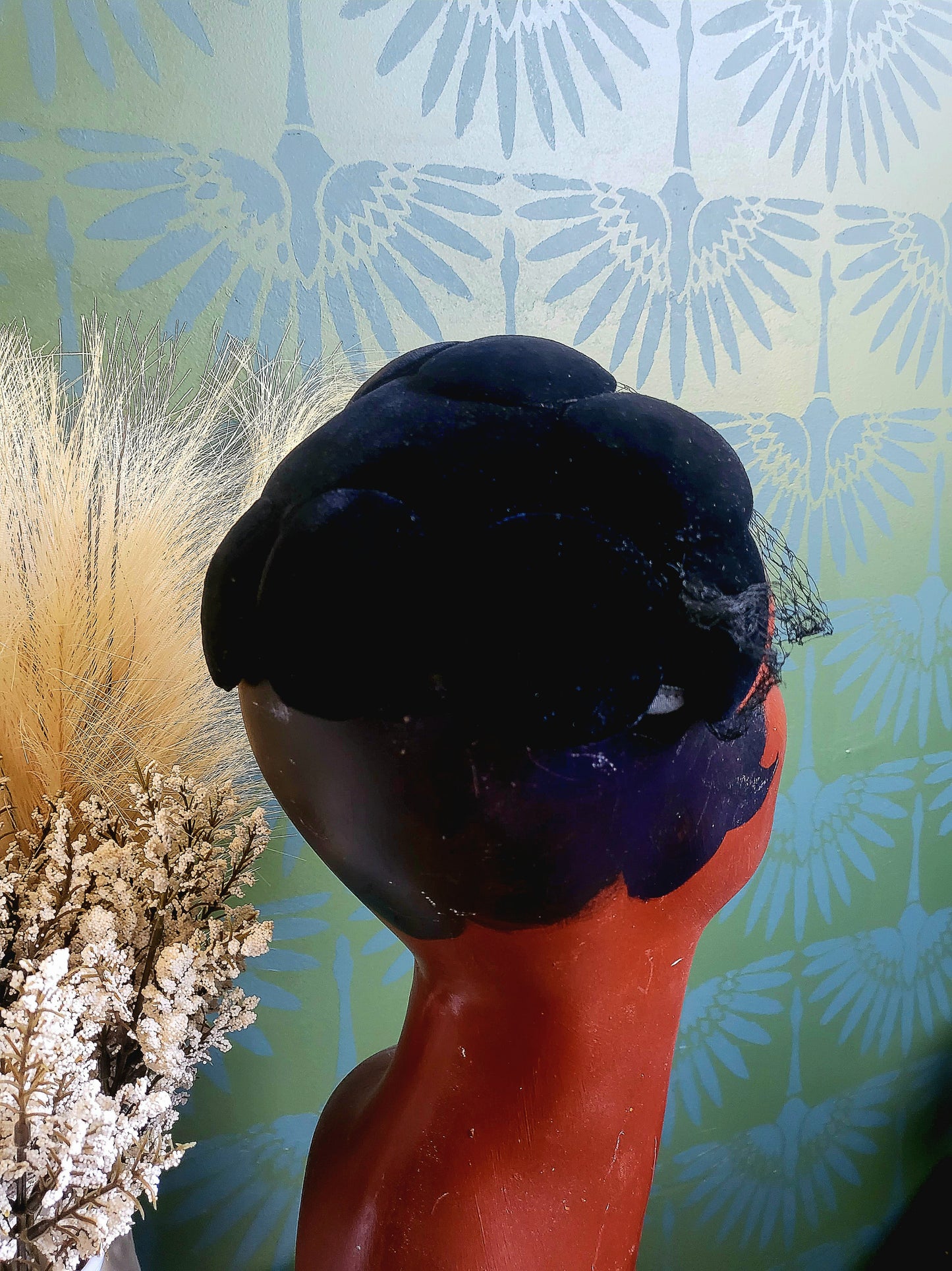 HAT35 - Vintage 1950's The May Company Black Velvet Dot Crescent Cap with Birdcage Veil