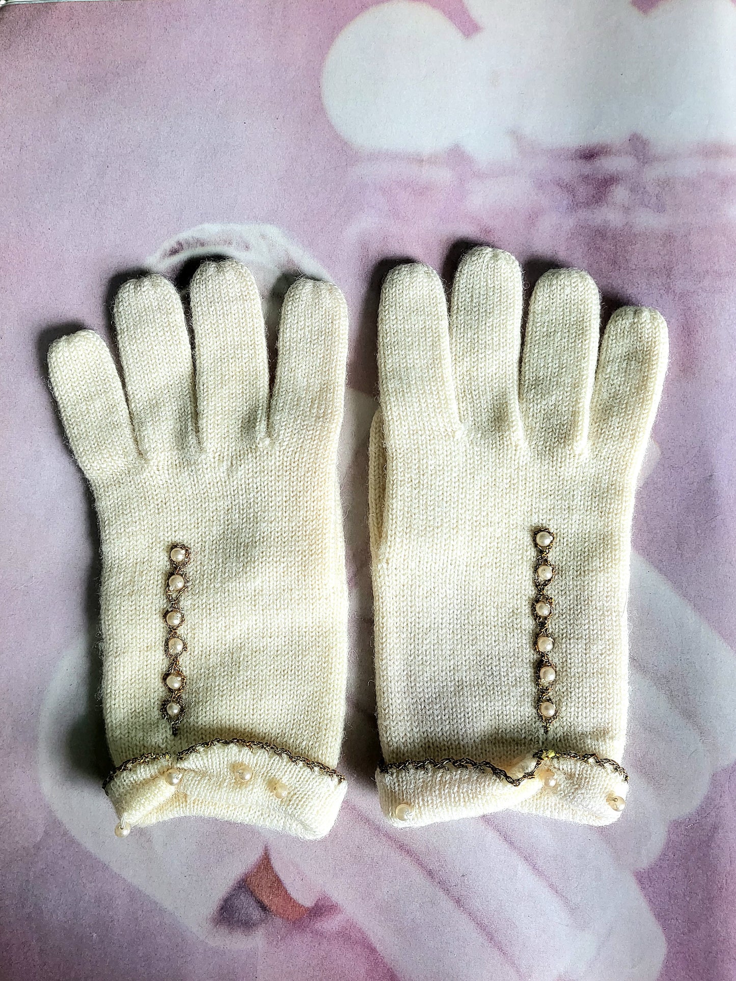 SOLD - Vintage 1950's-1960's Ivory Knit Wool Gloves with Bead Trim