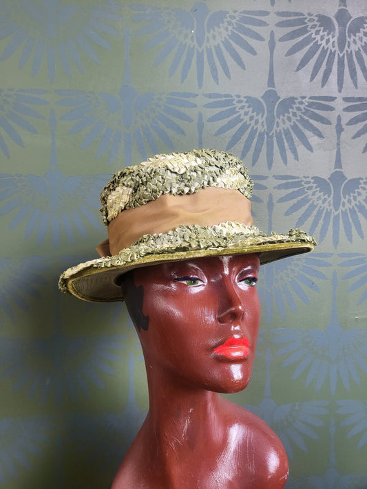 HAT1 - Vintage 1950s-1960s Lehrer Millinery Green Straw Weave Top Hat with Golden Satin Bow