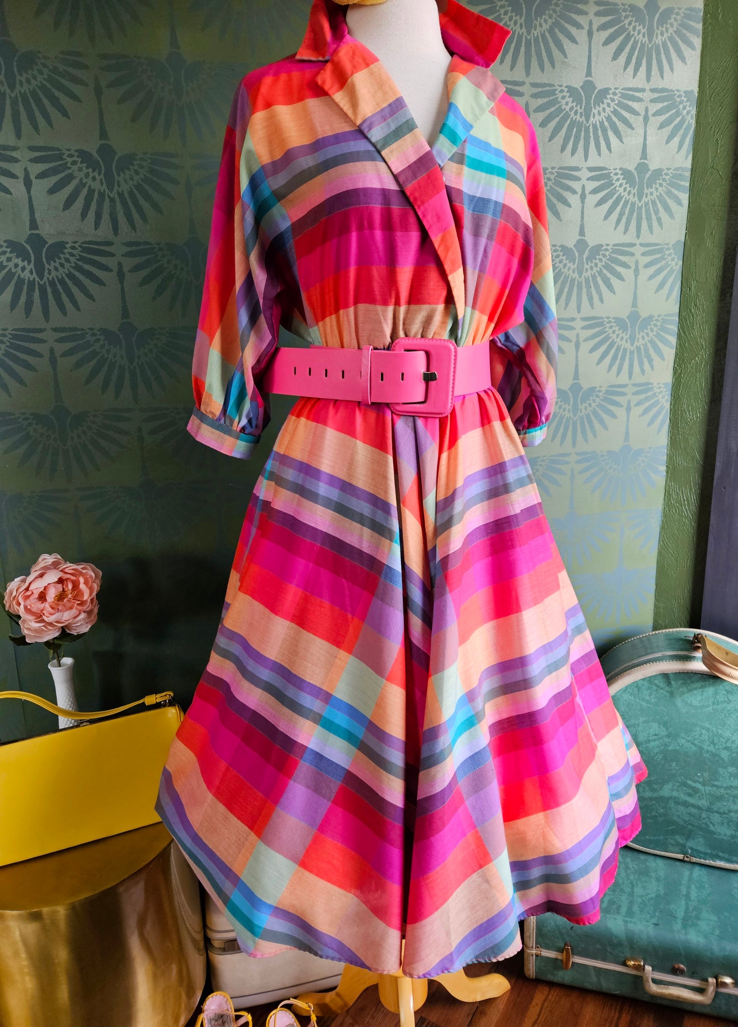 SOLD - Vintage 1980's "j. ellis" 1950's Style Rainbow Shirtwaist Dress