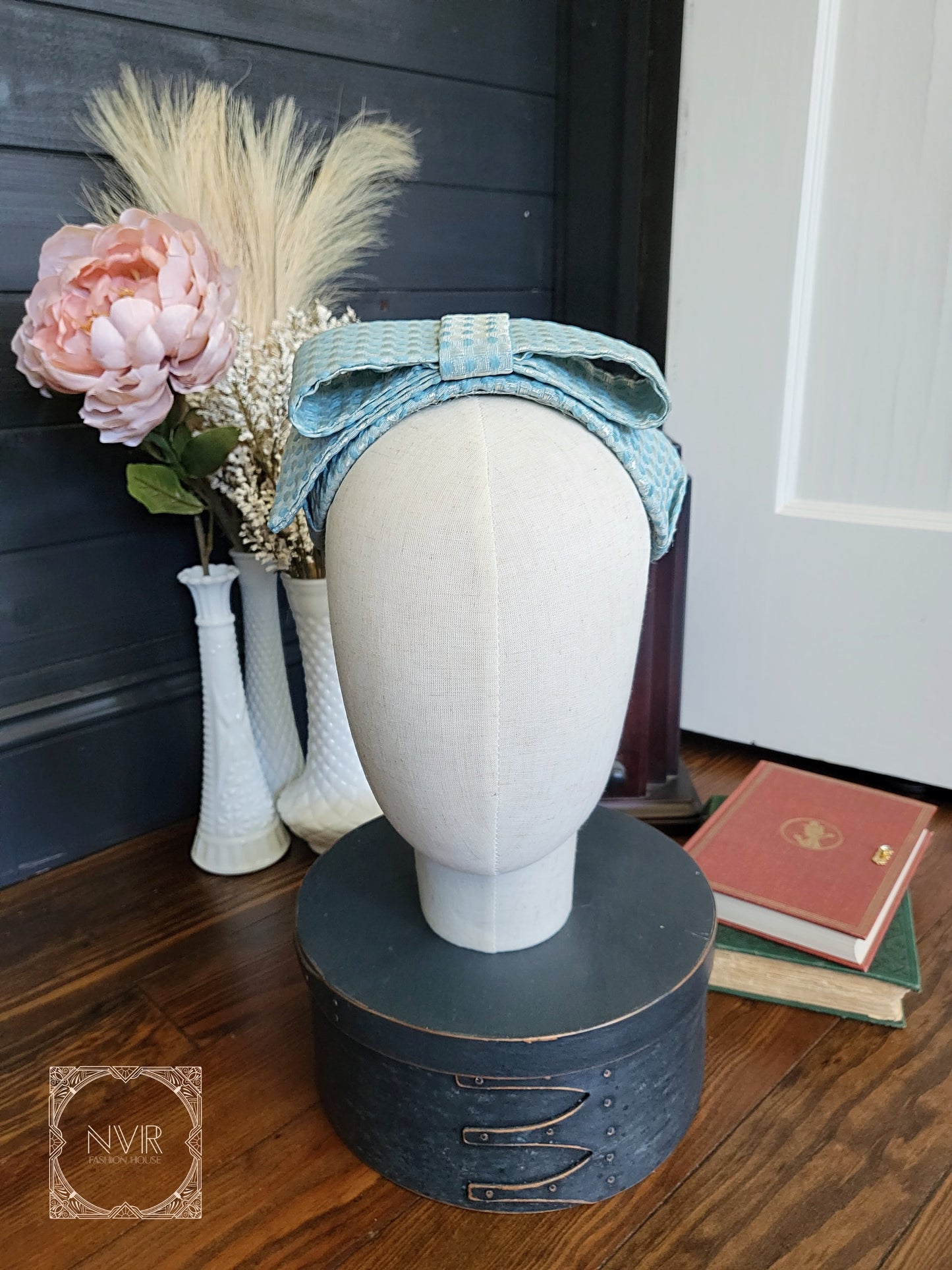 HAT42 - Vintage 1950s Pale Blue Dot  Half Hat with Large Bow