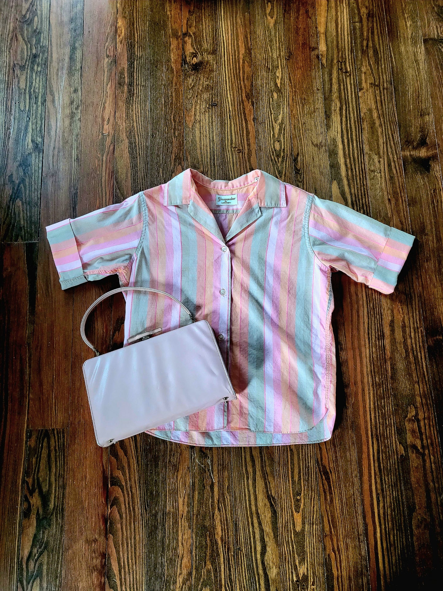 SOLD - Vintage 1950's-1960's Blousemaker by Arrow Striped Cotton Blouse - Pink/Peach