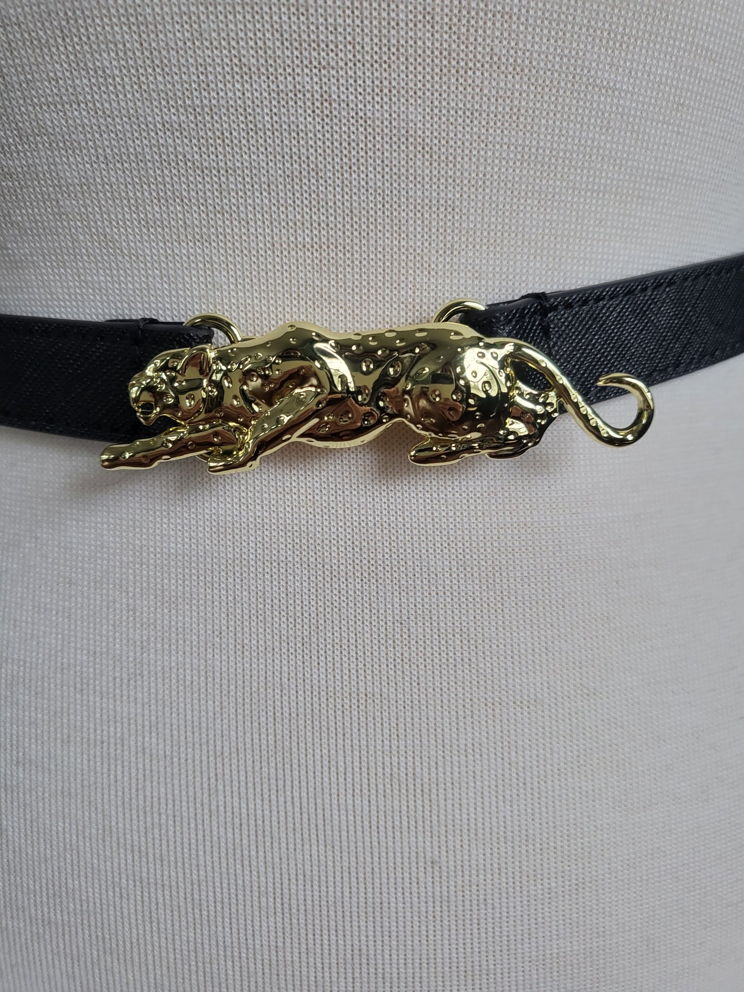 Black Leather Belt with Golden Leopard Buckle