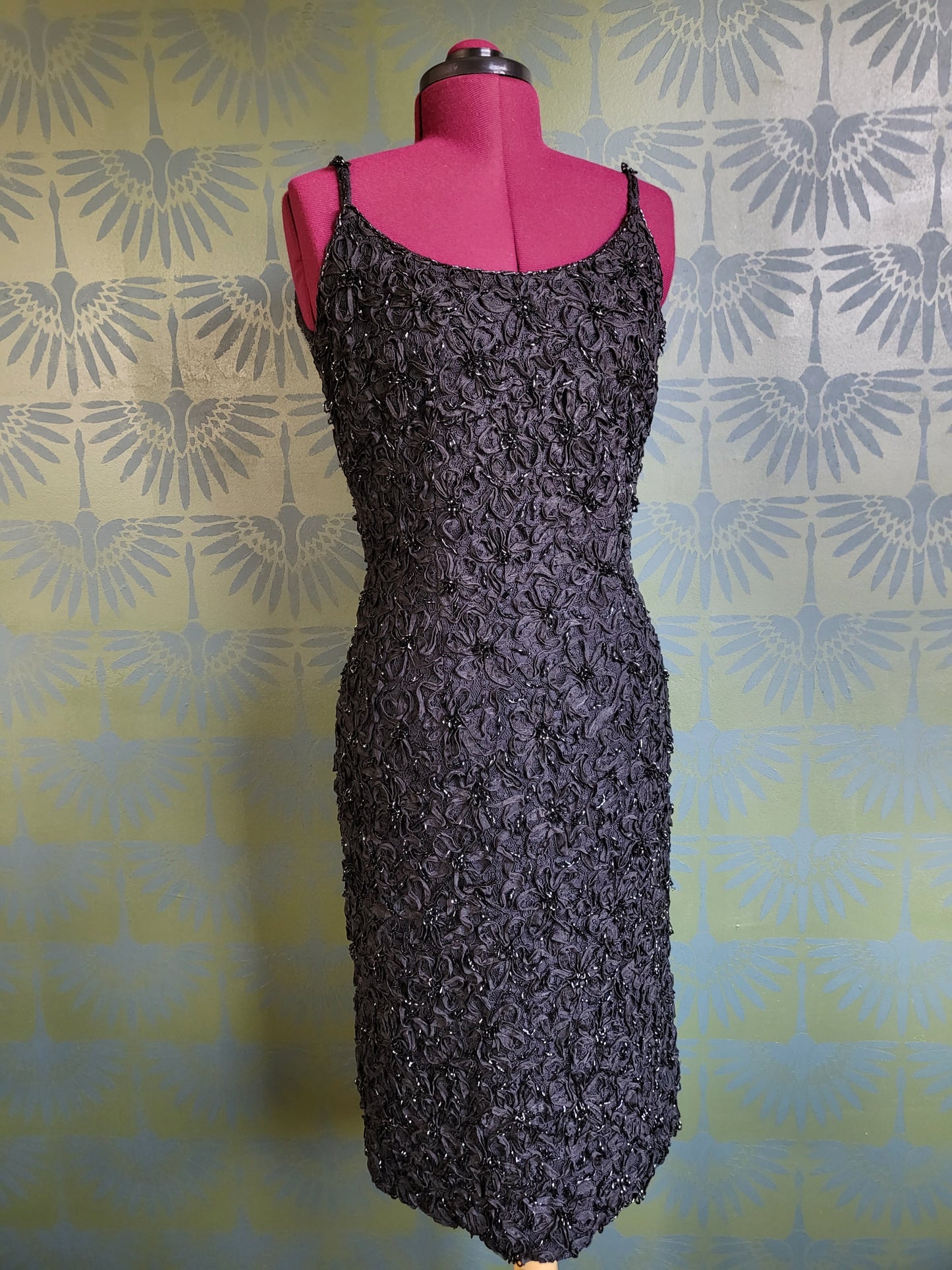 Vintage 1950's-1960's Cavanagh's Black Beaded Lace Wiggle Dress