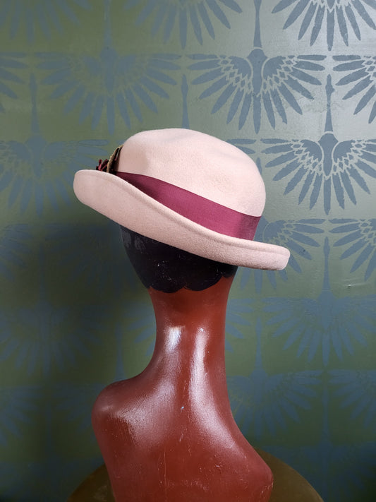 SOLD - Vintage Dusky Pink Rolled Brim Bowler Hat with Flowers