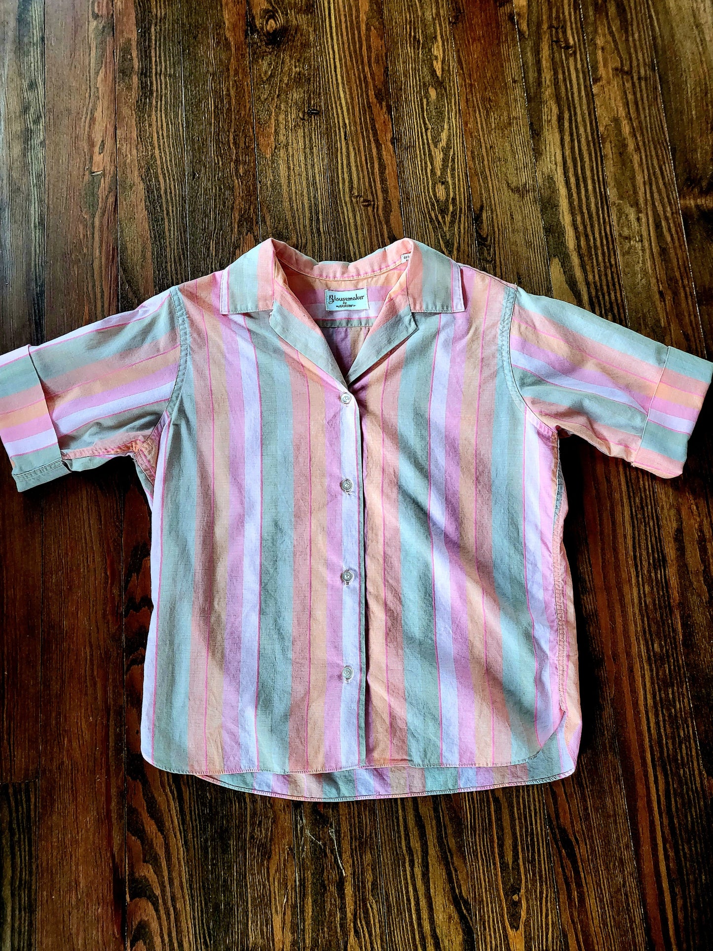 SOLD - Vintage 1950's-1960's Blousemaker by Arrow Striped Cotton Blouse - Pink/Peach