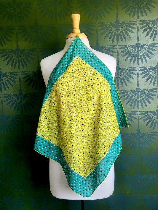 SOLD - Vintage Chartreuse and Teal Starburst  Square Scarf