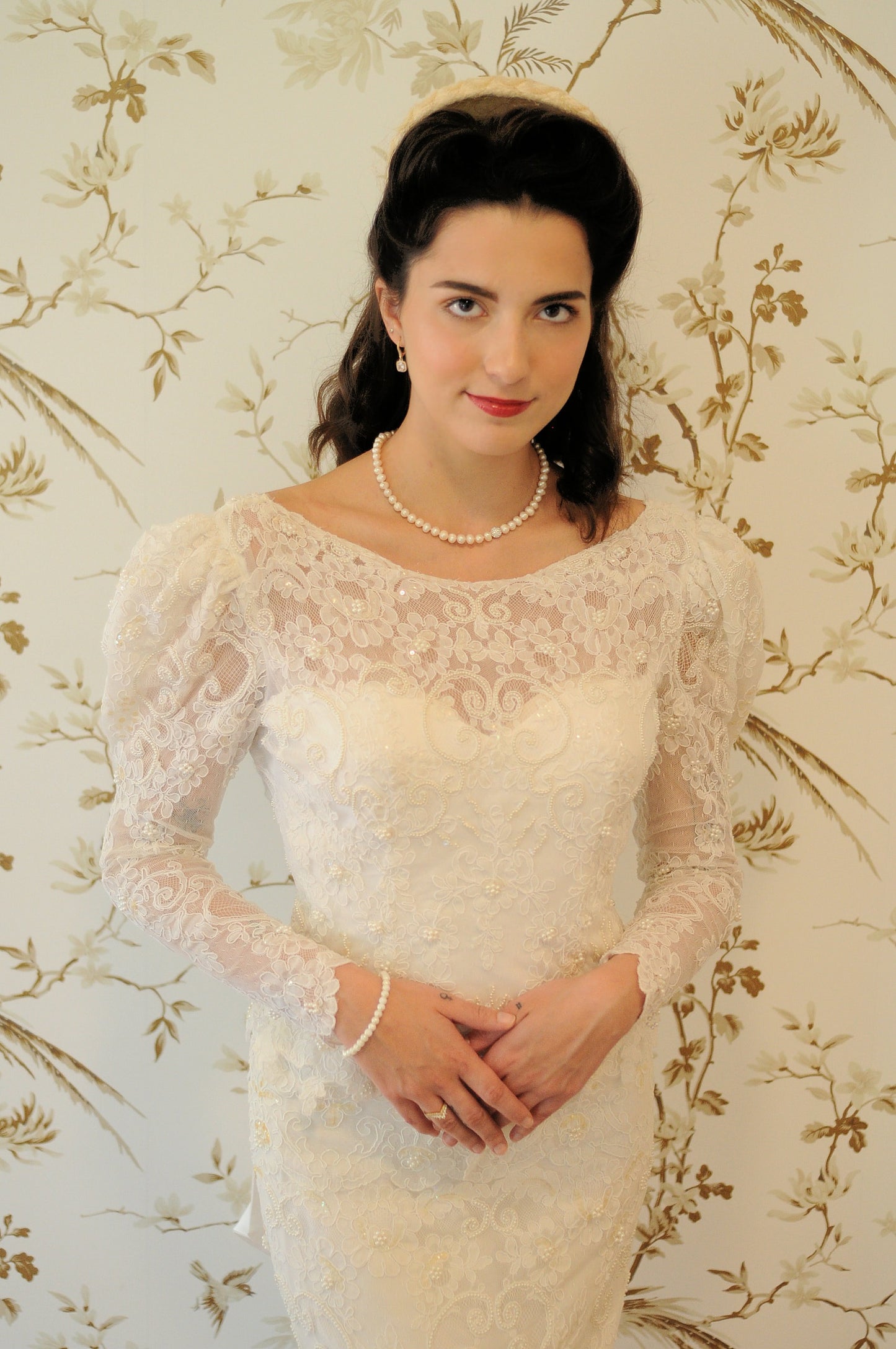 STYLE 1002 - Vintage "1980's Does 1940's" Light Ivory Beaded Lace over Satin Wedding Gown