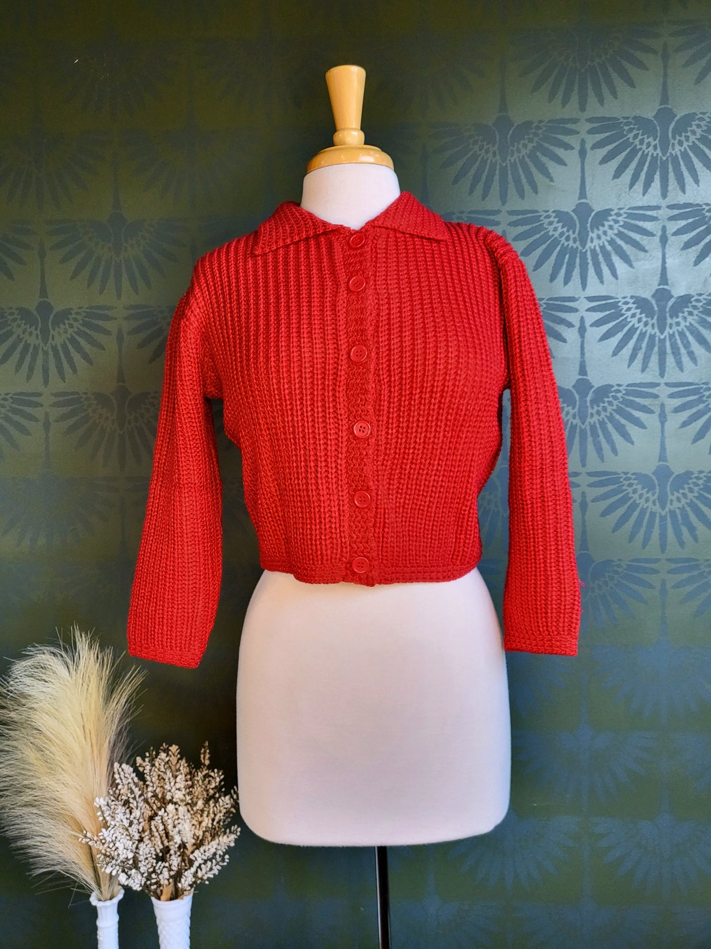 STYLE 5012 - Knit Cropped Collared Cardigan Sweater (Red)