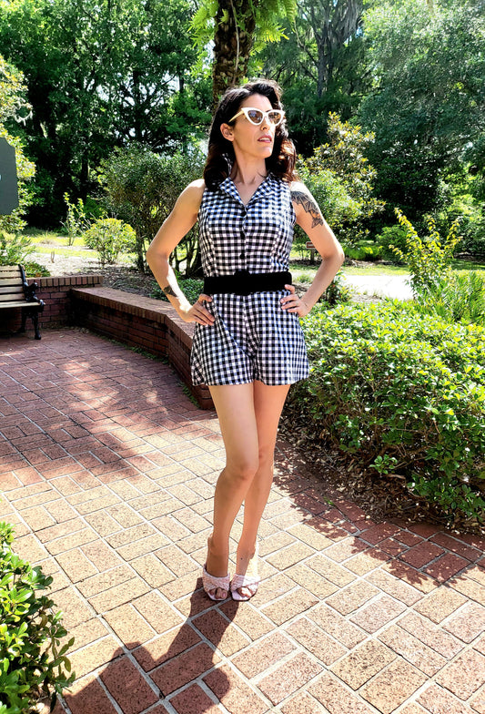 Vintage Style Gingham Playsuit - Black/White