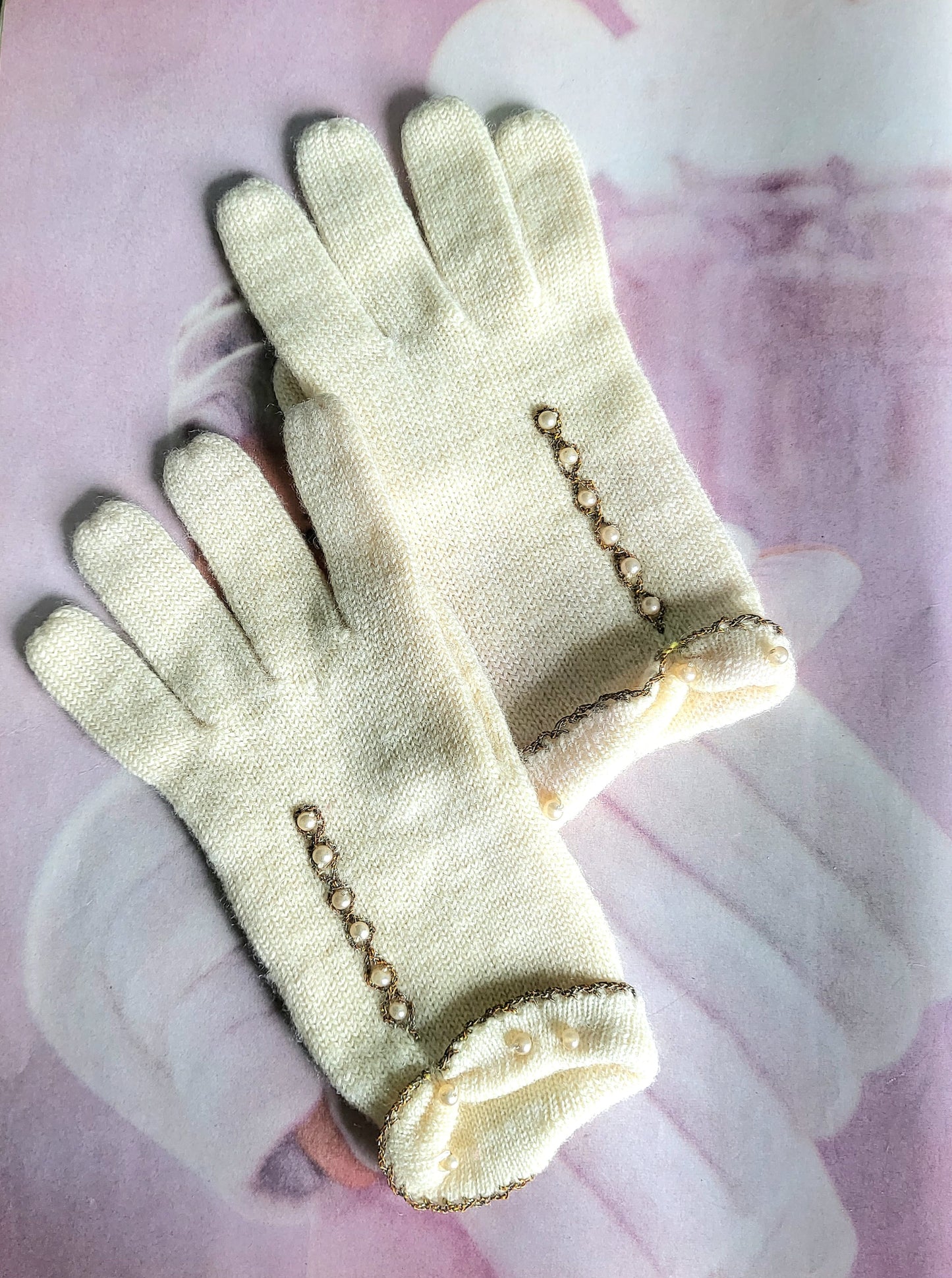 SOLD - Vintage 1950's-1960's Ivory Knit Wool Gloves with Bead Trim