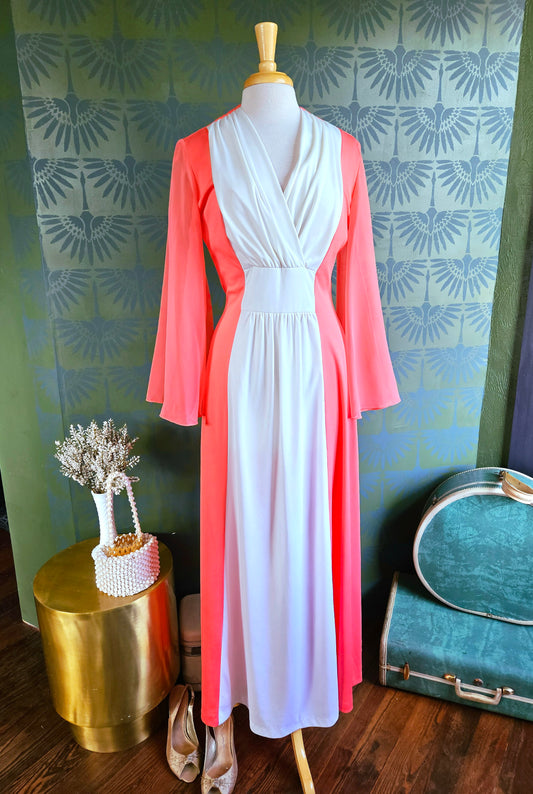 STYLE 1042 - Vintage 1970's "Sears Fashion" Peach and White Maxi Dress