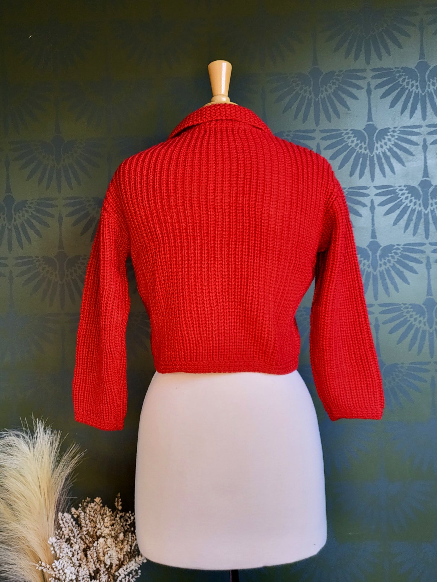 STYLE 5012 - Knit Cropped Collared Cardigan Sweater (Red)