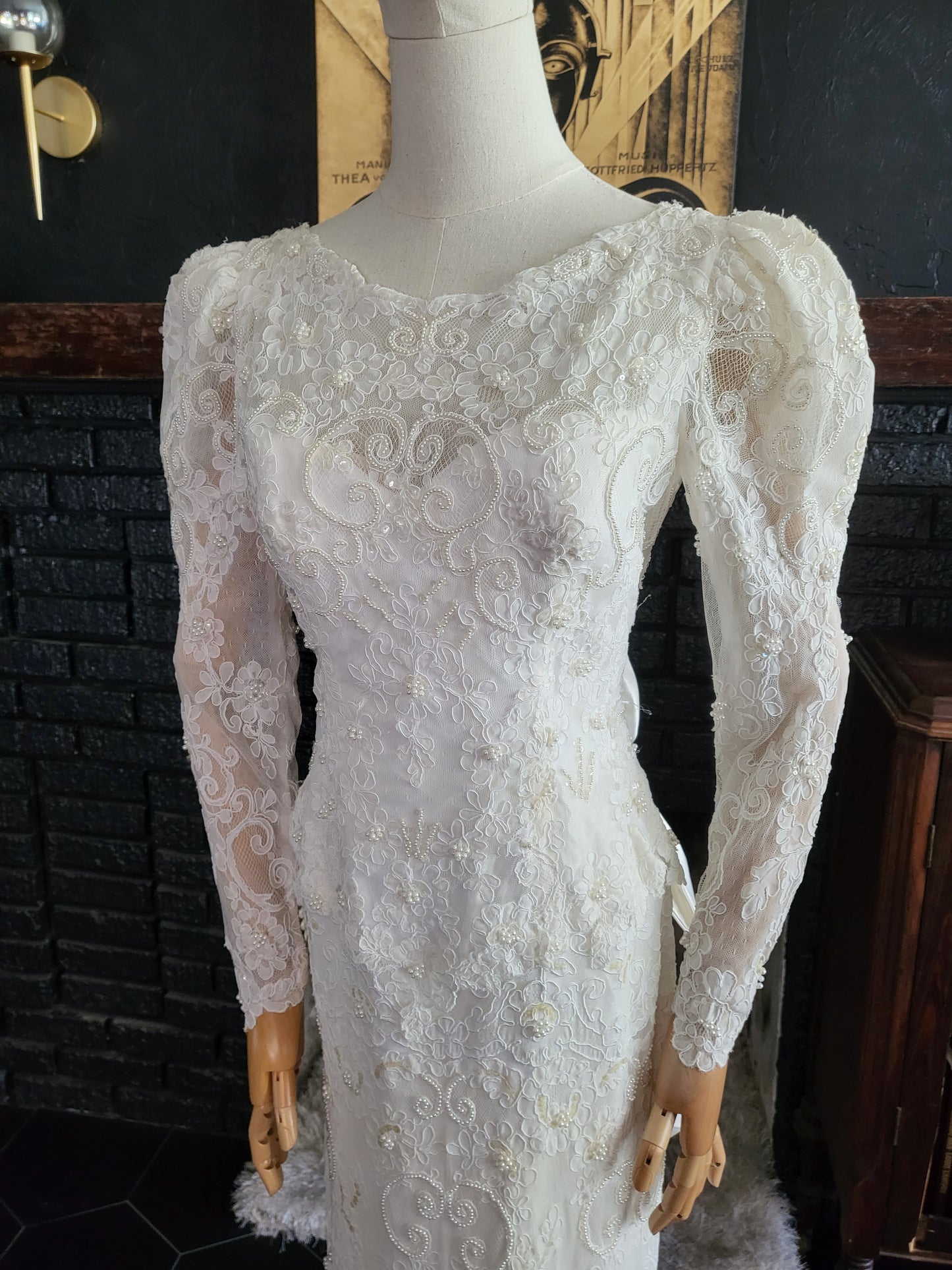 STYLE 1002 - Vintage "1980's Does 1940's" Light Ivory Beaded Lace over Satin Wedding Gown