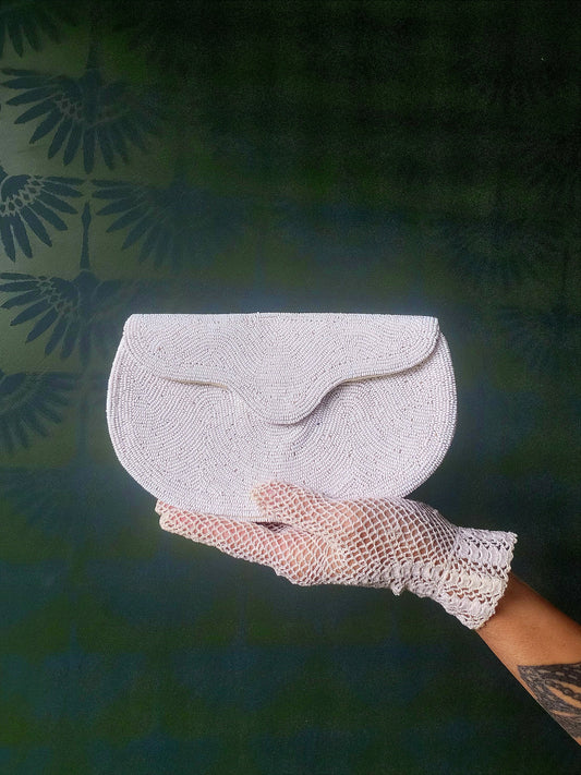 SOLD - Vintage 1950's "Walborg" White Micro-Bead Structured Clutch