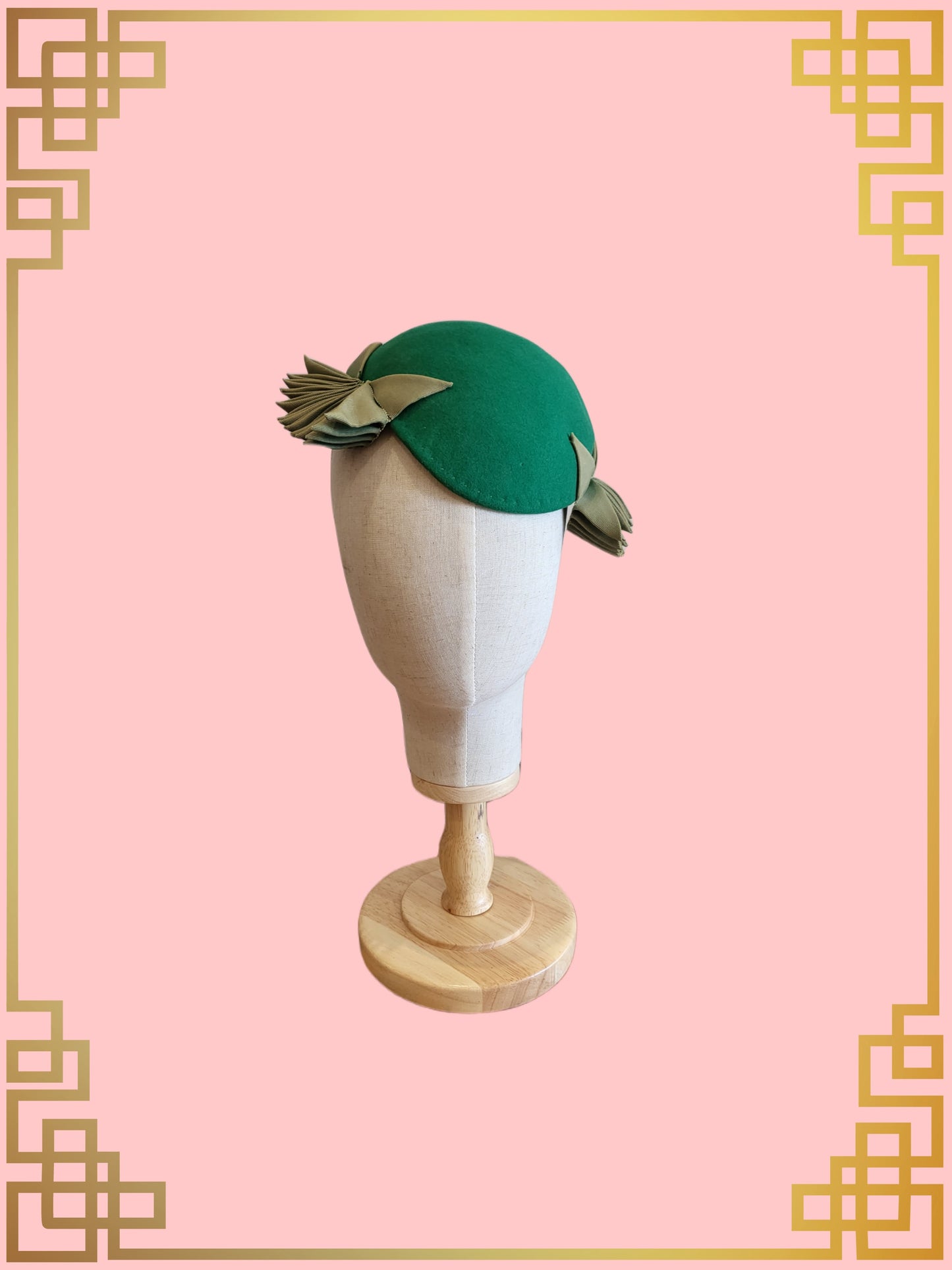 SOLD - Vintage Green Felted Wool Juliet Hat with Ribbon Wings