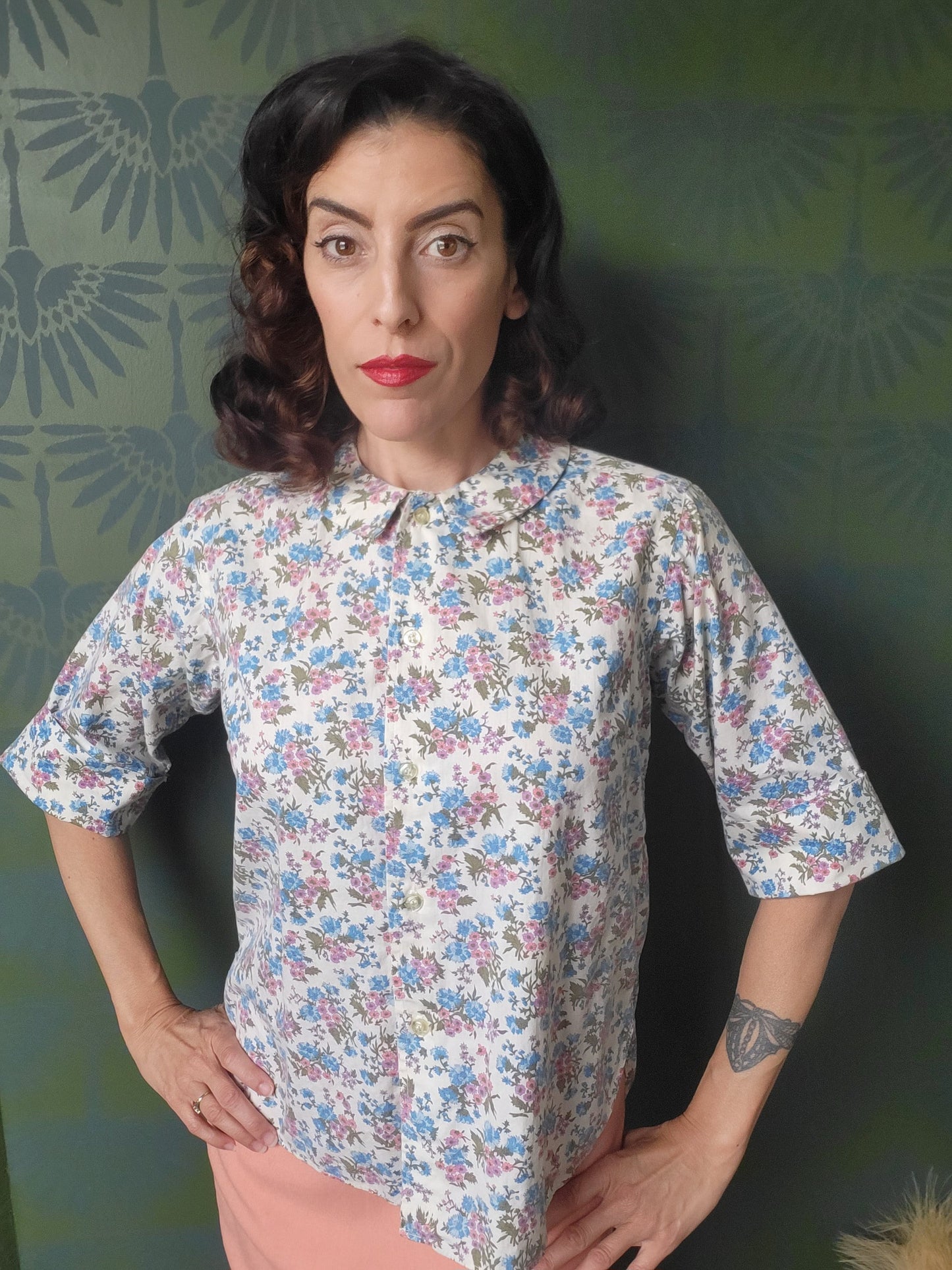 SOLD - Vintage 1950's-1960's Blue Floral Cotton Blouse