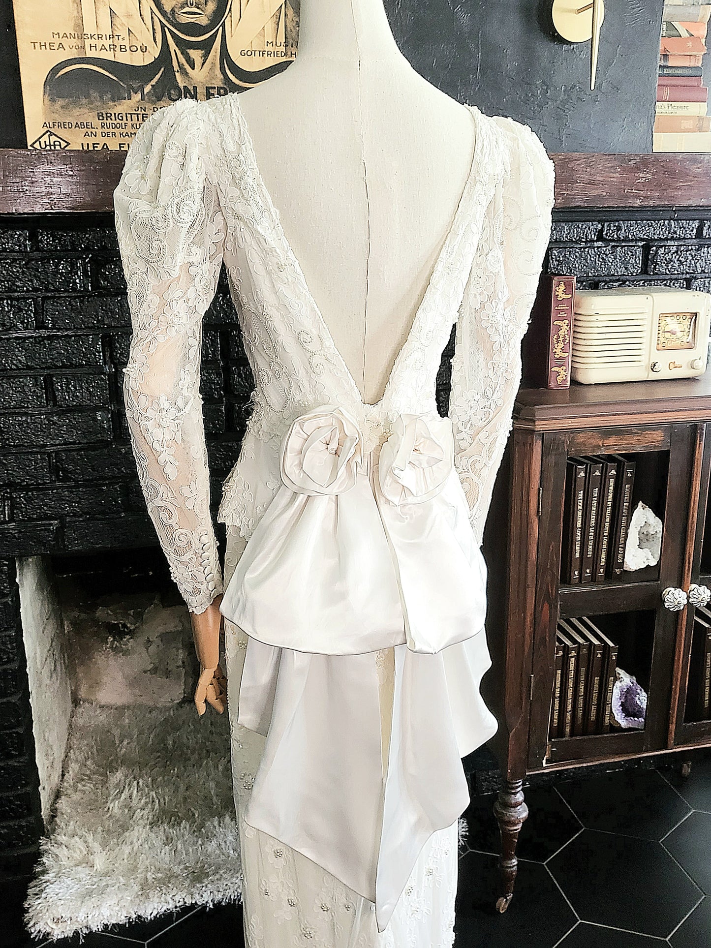 STYLE 1002 - Vintage "1980's Does 1940's" Light Ivory Beaded Lace over Satin Wedding Gown