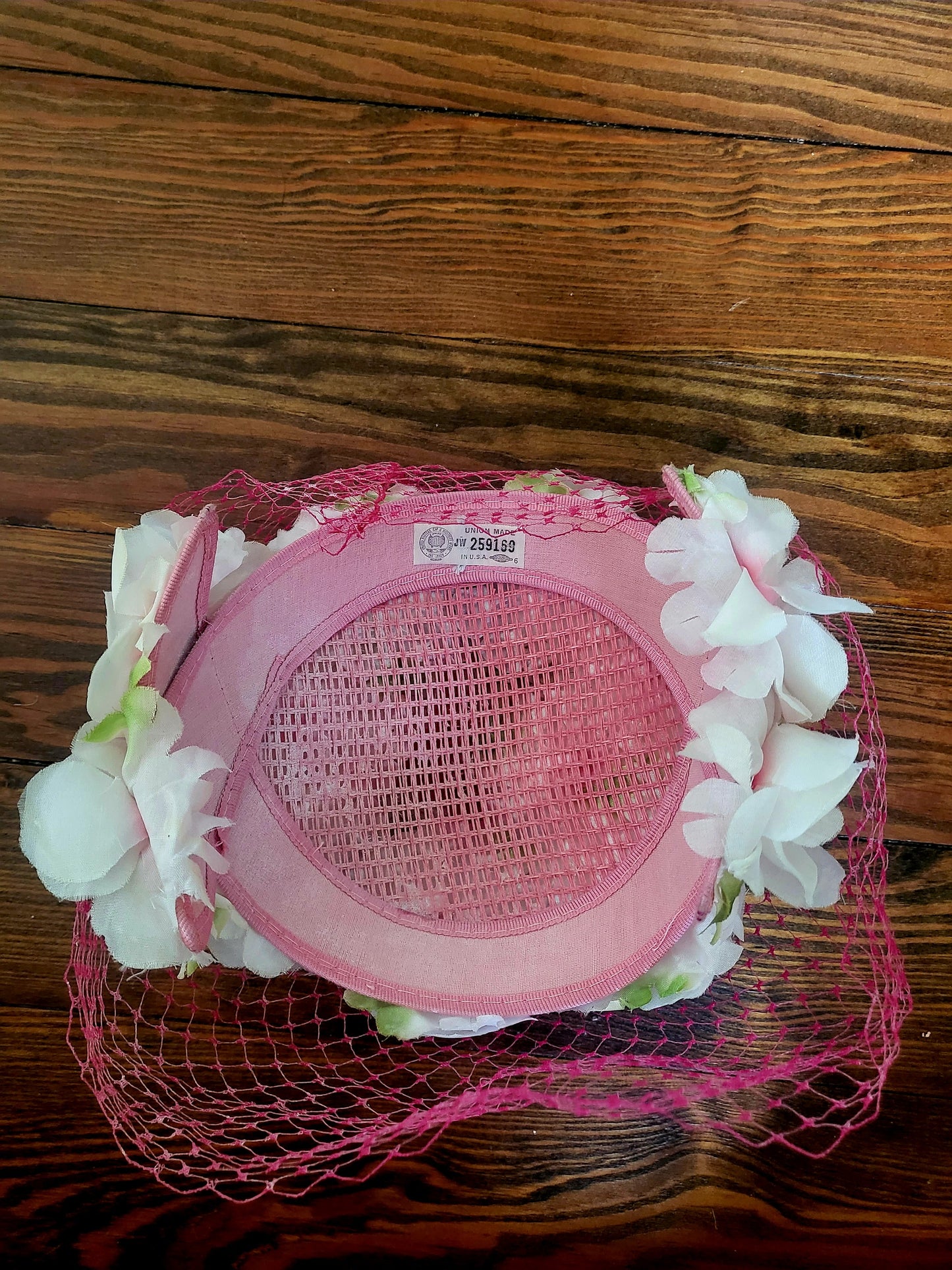 SOLD - Vintage 1950s-1960s White Flower Crescent Topper with Pink Birdcage Veil