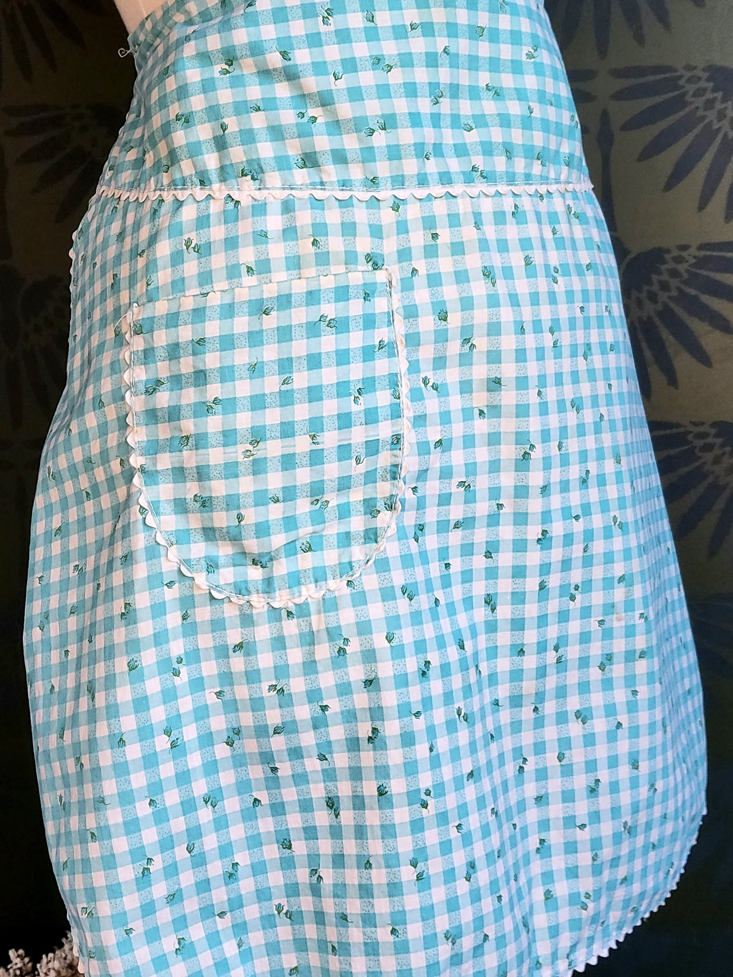 SOLD - Vintage Blue Floral Gingham Half Apron