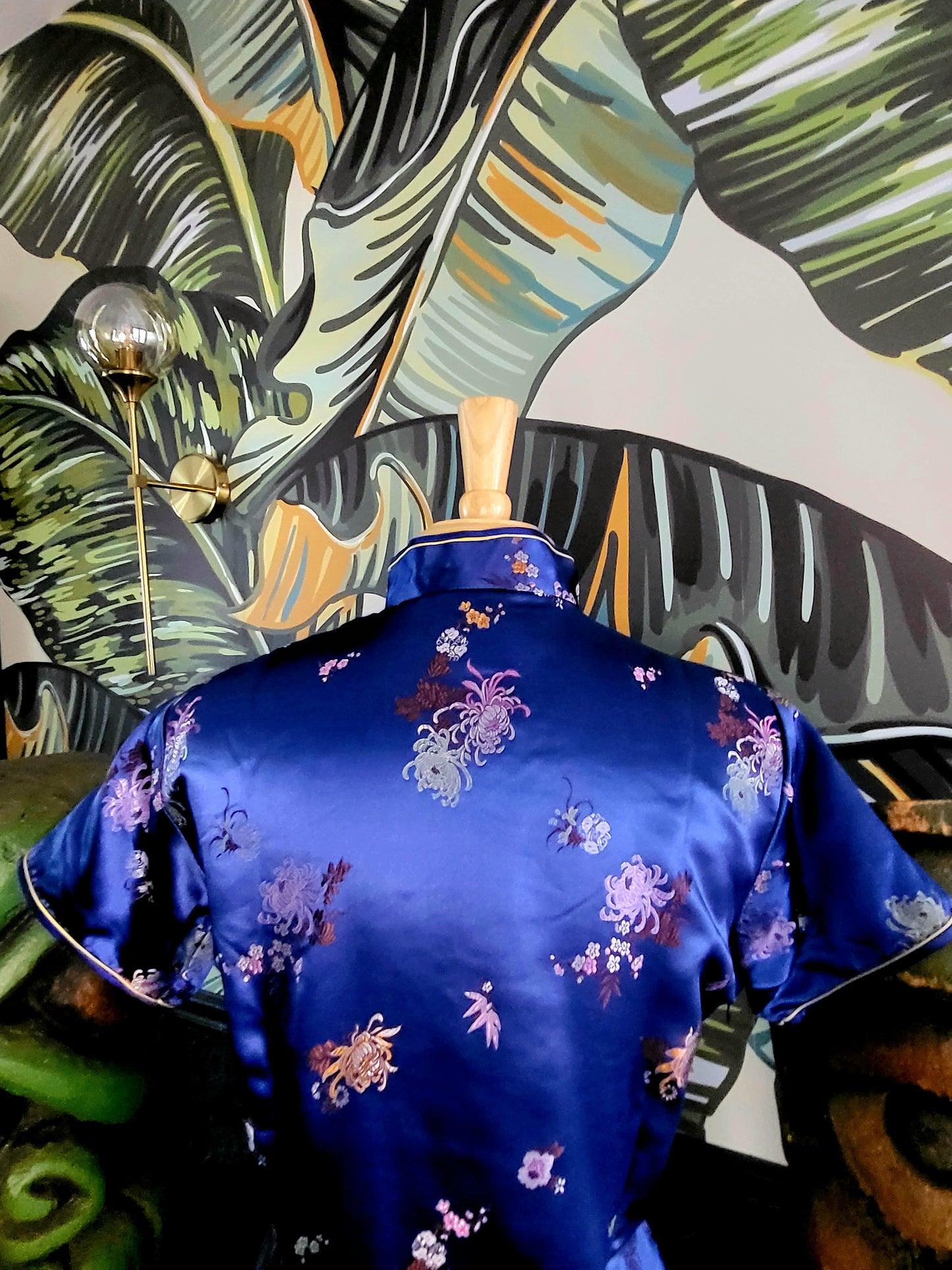 SOLD - Vintage "Peony" Navy Qipao - XL/2XL