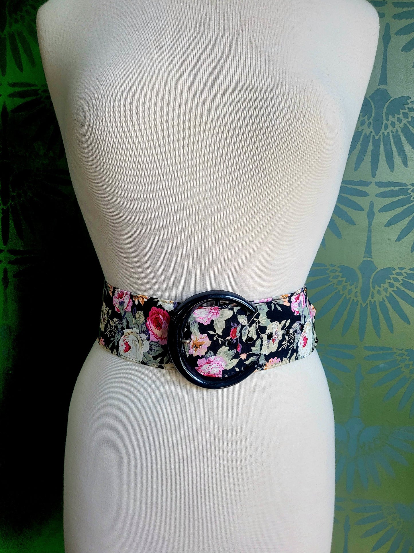 Dark Floral Wide Belt with Black Horseshoe Buckle