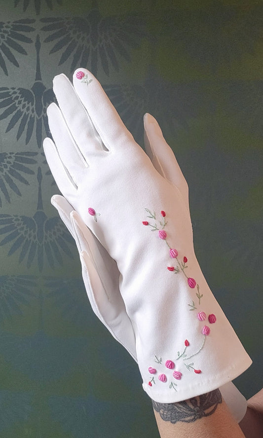 SOLD - Vintage 1950's-1960's Love-Lee by Crescendoe White Gloves with Pink Flowers