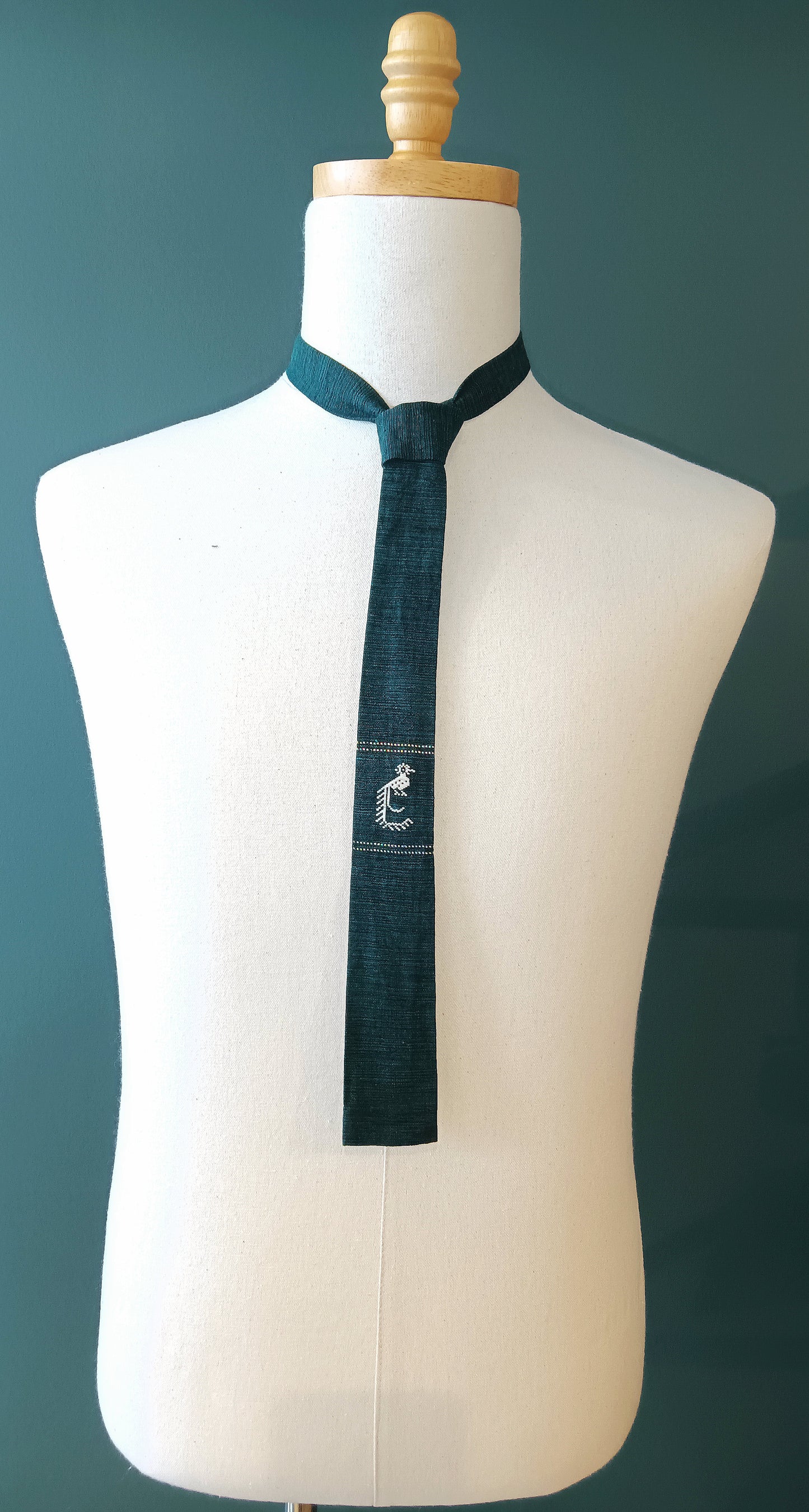 SOLD - Vintage Square End Tie-Forrest Green with Embroidered Peafowl